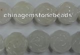 CFG885 15.5 inches 14mm carved flower white jade gemstone beads