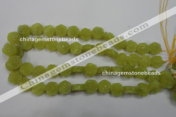 CFG887 15.5 inches 14mm carved flower lemon jade gemstone beads