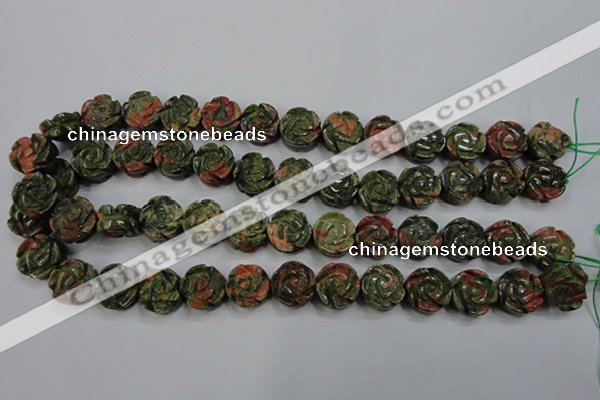 CFG891 15.5 inches 14mm carved flower unakite gemstone beads