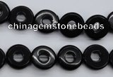 CFG903 15.5 inches 12mm carved coin donut black agate beads