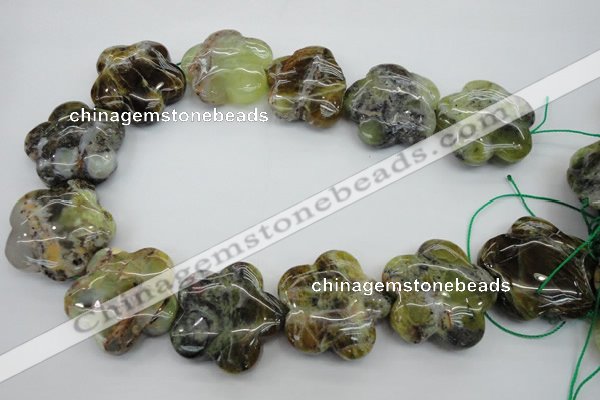 CFG935 15.5 inches 32*33mm carved flower yellow & green opal beads