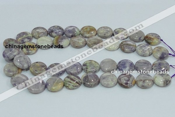 CFJ01 15.5 inches 20mm flat round natural purple flower stone beads