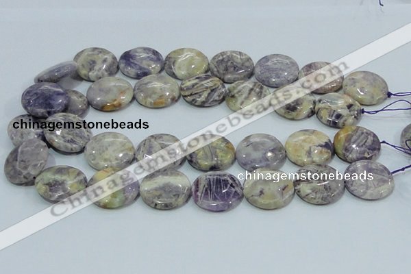 CFJ02 15.5 inches 25mm flat round natural purple flower stone beads