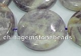 CFJ03 15.5 inches 30mm flat round natural purple flower stone beads