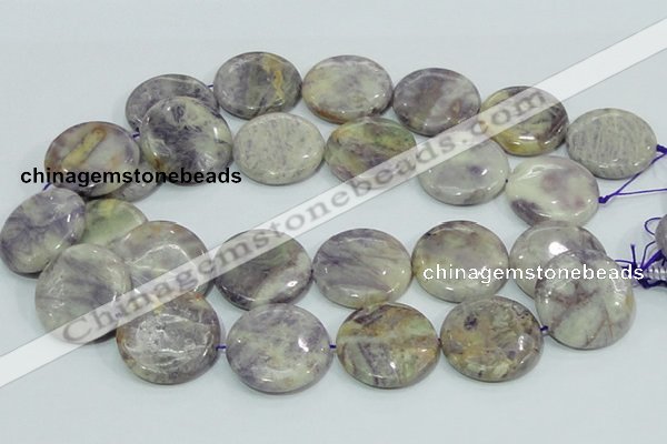 CFJ03 15.5 inches 30mm flat round natural purple flower stone beads