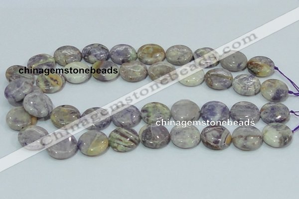 CFJ17 15.5 inches 18mm flat round natural purple flower stone beads