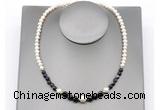 CFN127 potato white freshwater pearl & black banded agate necklace, 16 - 24 inches