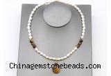 CFN158 baroque white freshwater pearl & yellow tiger eye necklace with pendant