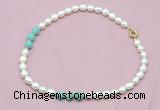 CFN314 9 - 10mm rice white freshwater pearl & amazonite necklace wholesale