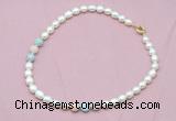 CFN318 9 - 10mm rice white freshwater pearl & morganite necklace wholesale