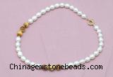 CFN319 9 - 10mm rice white freshwater pearl & golden tiger eye necklace wholesale