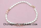 CFN324 9 - 10mm rice white freshwater pearl & pink opal necklace wholesale