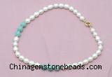 CFN325 9 - 10mm rice white freshwater pearl & amazonite necklace wholesale