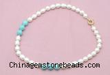 CFN326 9 - 10mm rice white freshwater pearl & blue howlite necklace wholesale