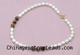 CFN328 9 - 10mm rice white freshwater pearl & yellow tiger eye necklace wholesale