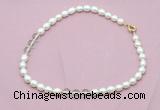 CFN331 9 - 10mm rice white freshwater pearl & white crystal necklace wholesale