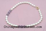 CFN332 9 - 10mm rice white freshwater pearl & amethyst necklace wholesale