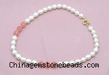 CFN334 9 - 10mm rice white freshwater pearl & cherry quartz necklace wholesale