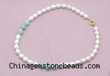 CFN335 9 - 10mm rice white freshwater pearl & aquamarine necklace wholesale