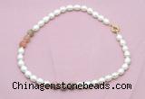 CFN337 9 - 10mm rice white freshwater pearl & rainbow moonstone necklace wholesale