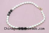 CFN338 9 - 10mm rice white freshwater pearl & golden obsidian necklace wholesale