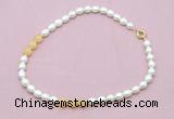 CFN342 9 - 10mm rice white freshwater pearl & honey jade necklace wholesale