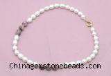 CFN345 9 - 10mm rice white freshwater pearl & rhodonite necklace wholesale