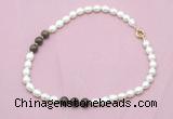 CFN346 9 - 10mm rice white freshwater pearl & bronzite necklace wholesale