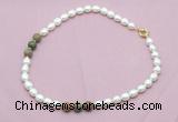 CFN347 9 - 10mm rice white freshwater pearl & unakite necklace wholesale
