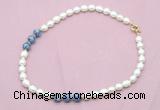 CFN350 9 - 10mm rice white freshwater pearl & blue spot stone necklace wholesale