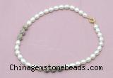 CFN352 9 - 10mm rice white freshwater pearl & feldspar necklace wholesale