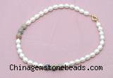 CFN357 9 - 10mm rice white freshwater pearl & serpentine jasper necklace wholesale