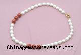 CFN361 9 - 10mm rice white freshwater pearl & red jasper necklace wholesale
