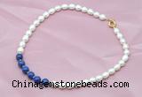 CFN403 9-10mm rice white freshwater pearl & lapis lazuli necklace