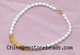 CFN405 9-10mm rice white freshwater pearl & yellow banded agate necklace