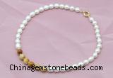 CFN409 9-10mm rice white freshwater pearl & golden tiger eye necklace