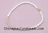 CFN414 9 - 10mm rice white freshwater pearl & rose quartz necklace