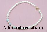 CFN415 9 - 10mm rice white freshwater pearl & morganite necklace
