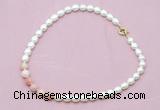 CFN417 9 - 10mm rice white freshwater pearl & pink opal necklace