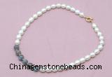 CFN418 9 - 10mm rice white freshwater pearl & labradorite necklace