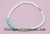 CFN422 9 - 10mm rice white freshwater pearl & blue howlite necklace wholesale