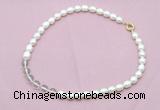 CFN431 9 - 10mm rice white freshwater pearl & white crystal necklace