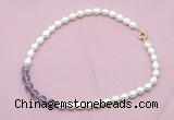 CFN432 9 - 10mm rice white freshwater pearl & amethyst gemstone necklace