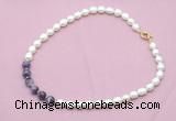 CFN433 9 - 10mm rice white freshwater pearl & dogtooth amethyst necklace