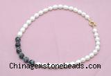 CFN439 9 - 10mm rice white freshwater pearl & snowflake obsidian necklace