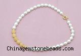 CFN442 9 - 10mm rice white freshwater pearl & honey jade necklace