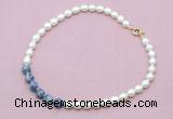 CFN450 9 - 10mm rice white freshwater pearl & blue spot stone necklace