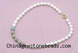 CFN457 9 - 10mm rice white freshwater pearl & serpentine jasper necklace