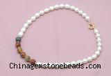 CFN460 9 - 10mm rice white freshwater pearl & picasso jasper necklace