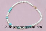 CFN519 9mm - 10mm potato white freshwater pearl & blue howlite necklace